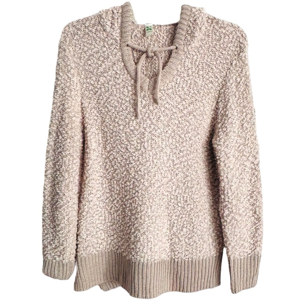 Green Tea Size L Ivory V-neck Popcorn Knit Hooded Sweater